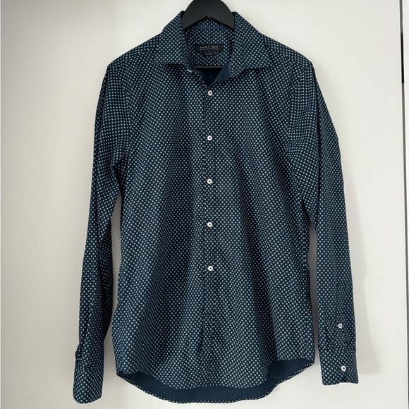 Zara Man Slim Fit Navy Print Button Down Shirt - Picture 1 of 5